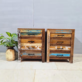 Reclaimed Handmade Carved Indian Furniture Solid Hard Wood Bedside Table with 4 Drawers